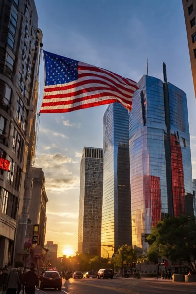 Imagem de uma rua nos Estados Unidos onde aparece uma bandeira Hasteada e Arranha-céus ao fundo - A Santy oferece suporte especializado para o Visto Americano.