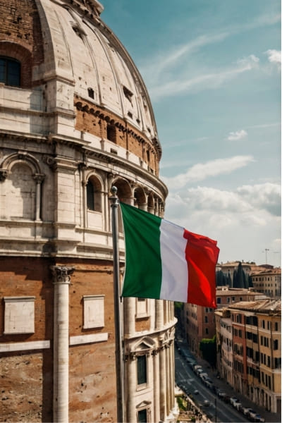Um edifício tradicional italiano com uma bandeira italiana asteada. Atualize seu AIRE com a Santy e mantenha seus laços com a Itália