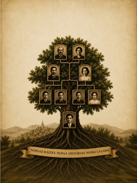Ilustração de uma árvore genealógica com fotos de pessoas ao longo de seus galhos. A Santy te assessora em pesquisas de Árvores Genealógicas